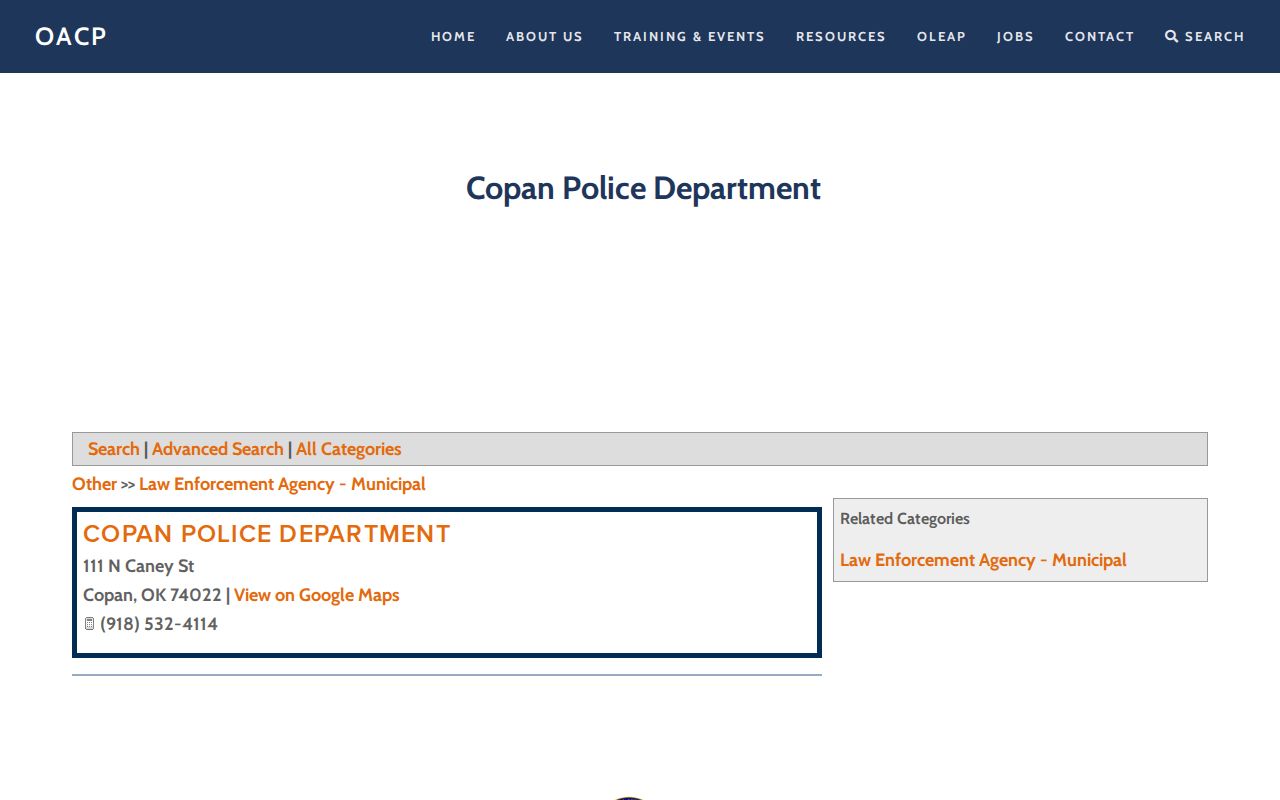 Copan Police Department Washington County arrest-record contact entry