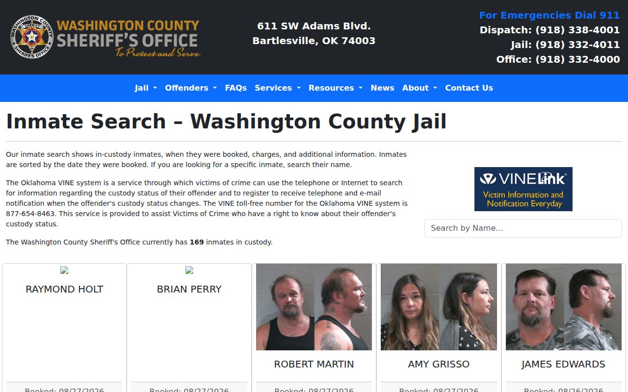 Washington County Correctional Facility current-custody inmate search interface