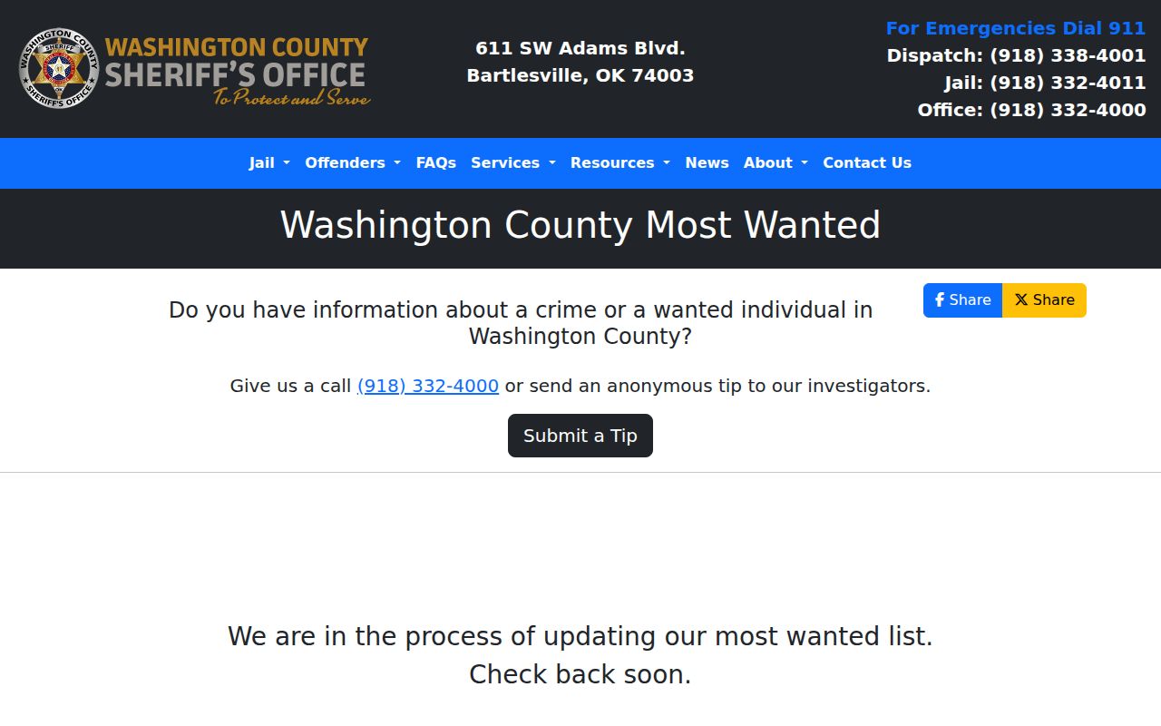 Washington County Sheriff official most wanted list interface