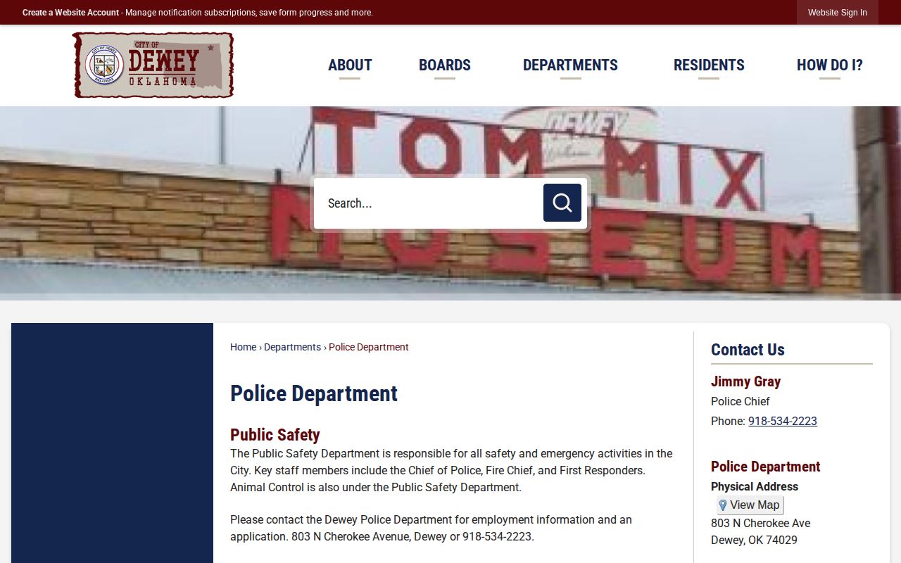 Dewey Police Department Washington County arrest-record contact page
